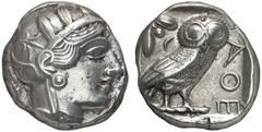 GRIECHISCHE MüNZEN ATTIKA No.: 238 Schätzpreis-Estimate: EUR 800 d=24 mm ATHEN. Tetradrachmon, 2. Hälfte des 5. Jhs. Behelmter Kopf der Athena nach rechts; Rs: AQE. Eule stehend nach rechts, Kopf en f