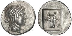 GRIECHISCHE MüNZEN LYKIEN MASIKYTES No.: 340 Schätzpreis-Estimate: EUR 200 d=17 mm Hemidrachmon, 27-20 v. Chr. L-U. Kopf des Apollon mit Lorbeerkranz nach rechts; Rs: M-A. Kithara. Rechts unten im Fel