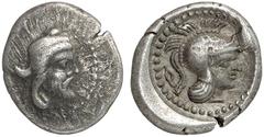 GRIECHISCHE MüNZEN DYNASTEN VON LYKIEN DDENEVELE No.: 348 Schätzpreis-Estimate: EUR 500 d=15 mm Triobol, 420-400. Kopf eines bärtigen Mannes in Tiara nach rechts. Perlkreis; Rs: Kopf der Athena im att