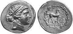GRIECHISCHE MüNZEN AIOLIS KYME No.: 260 Schätzpreis-Estimation: DM 2000,- Tetradrachmon, um 160. Kopf der Amazone Kyme mit Haarband rechts. Rs: KYMAIWN / SEYQHS. Aufgezäumtes Pferd nach rechts stehend
