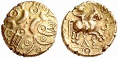 CELTIC COINS BRITAIN TRINOVANTES/CATUVELLAUNI TRIBES King Tasciovanus. Gold stater, uncertain mint, c. 20-15 BC. Crossed wreaths consisting of two crescent-like curves back-to-back in centre, four pel