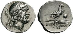 GRIECHISCHE MÜNZEN LYKIEN OINOANDA Didrachme, 187/186 (Jahr 2). Kopf der Zeus mit Lorbeerkranz nach rechts, über der Schulter lotusbekröntes Szepter, dahinter B. Rs: OΙΝΟΑ-ΝΔΕ/ ΩΝ. Adler auf geflügelt
