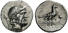 GRIECHISCHE MÜNZEN LYKIEN OINOANDA Didrachme, 186-185 (Jahr 3). Kopf der Zeus mit Lorbeerkranz nach rechts, über der Schulter lotusbekröntes Szepter, dahinter B. Rs: OΙΝΟΑΝ/ ΔΕΩΝ. Adler auf geflügelte