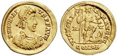 ROMAN COINS ROMAN EMPIRE HONORIUS (AD 393 - 423) Solidus, AD 402 - 406, Ravenna mint. D N HONORI-VS P F AVG, pear-diademed, draped and cuirassed bust of Honorius to right. RV. : VICTORI-A AVGGG, in ex