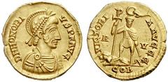 ROMAN COINS ROMAN EMPIRE HONORIUS (AD 393 - 423) Solidus, AD 408 - 423, Ravenna mint. D N HONORI-VS P F AVG, bearded, draped and cuirassed bust of Honorius to right, wearing diademed and crested helme