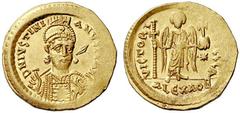 BYZANTINE COINS JUSTINANUS I (AD 527 - 565) Solidus, circa AD 539, Alexandria mint. D N IVSTINI - ANVS PP AVG. Helmeted (helmet decorated with a cross), cuirassed bust three quar-ters right, holding s