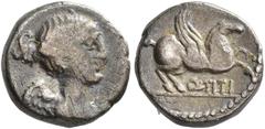 RÖMISCHE REPUBLIK Quinar, 89. Drapierte Büste der Victoria rechts. Rv/ Pegasus n. rechts springend, darunter Basis mit der Inschrift Q TITI. Bab. (Titia) 3; Sydenham 693; Crawford 341/3; King, Quinari