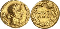 RÖMISCHE MÜNZEN AUGUSTUS, 27 v.- 14 n.Chr. Aureus, Rom, 18 v. Chr. Münzmeister P. Petronius Turpilianus. TVRPILIANVS – III VIR. Kopf des Liber mit Efeukranz rechts. Rv/ AVGVSTO / OB·C·S in einem Kranz