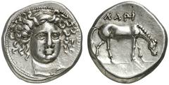 GRIECHISCHE MÜNZEN THESSALIEN Larissa Drachme, ca. 400-380. Kopf der Nymphe Larissa mit Stirnband von vorn, leicht n. rechts gewandt. Rv/ LAPI. Grasendes Pferd über Bodenlinie n. rechts. Lorber, The E