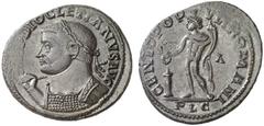 RÖMISCHE KAISERZEIT DIOCLETIANUS, 284-305 Nummus, Lugdunum, 300-302. IMP DIOCLETIANVS AVG. Panzerbüste mit Lorbeerkranz und geschultertem Speer links. Rv/ GENIO POP–VLI ROMANI / A / PLG. Genius mit Pa
