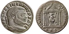 RÖMISCHE KAISERZEIT MAXIMIANUS HERCULIUS, 286-305 und 307-310 Nummus, Rom, Herbst 307. IMP C MAXIMIANVS P F AVG. Kopf mit Lorbeerkranz rechts. Rv/ CONSER VATO–RES VRBS SVAE / R*S. Sechssäuliger Tempel