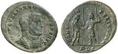 RÖMISCHE KAISERZEIT MAXIMIANUS HERCULIUS, 286-305 und 307-310 Nummus, Lugdunum, Sommer 308. IMP C VAL MAXIMIANVS P F AVG. Panzerbüste mit Lorbeerkranz von vorn rechts. Rv/ CONCORDIA – FELIX DD NN / PL