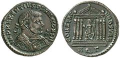 RÖMISCHE KAISERZEIT MAXENTIUS, 306-312 Nummus, Aquileia, 309. IMP MAXENTIVS P F AVG CONS II. Konsularbüste mit Lorbeerkranz, trabea und Adlerzepter rechts. Rv/ CONSERV–VRB SVAE / AQG. Sechssäuliger Te