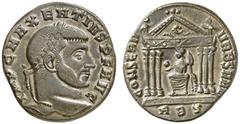 RÖMISCHE KAISERZEIT MAXENTIUS, 306-312 Nummus, Rom, 308-310. IMP C MAXENTIVS P F AVG. Kopf mit Lorbeerkranz rechts. Rv/ CONSERV – VRB SVAE / RBS. Sechssäuliger Tempel, darin Roma mit Globus und Zepter