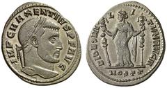 RÖMISCHE KAISERZEIT MAXENTIUS, 306-312 Nummus, Ostia, 309-312. IMP C MAXENTIVS P F AVG. Kopf mit Lorbeerkranz rechts. Rv/ FIDES MI–L–I– TVM AVG N / MOSTT. Fides in langem Gewand n. links stehend, in j