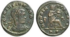 RÖMISCHE KAISERZEIT LICINIUS II, Caesar 317-324 Nummus, Rom, 318-319. LICINIVS IVN NOB C. Drap.Panzerbüste mit Lorbeerkranz rechts. Rv/ ROMAE A–ETERNAE / P–R / RP. Roma auf Schild n. rechts sitzend, m
