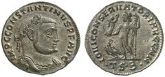 RÖMISCHE KAISERZEIT CONSTANTINUS I, Augustus 307-337 Nummus, Thessalonica, 312-313. IMP C CONSTANTINVS P F AVG. Drap. Panzerbüste mit Lorbeerkranz rechts. Rv/ IOVI CONSERVATORI AVGG NN / •TS•B• Jupite