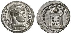 RÖMISCHE KAISERZEIT CONSTANTINUS I, Augustus 307-337 Nummus, Trier, 322. CONSTAN–TINVS AVG. Panzerbüste mit Helm rechts. Rv/ BEATA TRAN– QVILLITAS / •PTR• Globus auf Altar mit der Inschrift VO/TIS / X