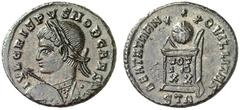 RÖMISCHE KAISERZEIT CRISPUS, ältester Sohn des Constantin, Caesar 317-326 Nummus, Trier, 321. IVL CRISPVS NOB CAES. Gepanzerte Linksbüste mit Lorbeerkranz, gezücktem Speer und Schild. Rv/ BEATA TRAN– 