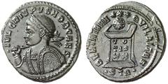 RÖMISCHE KAISERZEIT CRISPUS, ältester Sohn des Constantin, Caesar 317-326 Nummus, Trier, 322. IVL CRISPVS NOB CAES. Gepanzerte Linksbüste mit Lorbeerkranz, geschultertem Speer und Schild. Rv/ BEATA TR