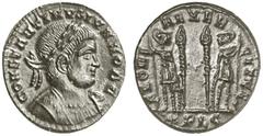 RÖMISCHE KAISERZEIT CONSTANTINUS II, Caesar 317-337 Nummus, Lugdunum, 334/5. CONSTANTINVS IVN NOB C. Panzerbüste mit Lorbeerkranz rechts. Rv/ GLOR–IA EXER–CITVS / *PLG. Zwei stehende Soldaten, dazwisc