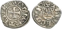 KREUZFAHRERSTAATEN HERZOGTUM ATHEN Guillaume de la Roche, 1280-1287 . Theben. Billon denier tournois. + : G : DVX : LTЄNЄS : Befußtes Kreuz. Rv/ + : ThЄBЄ : CIVIS : Kastell. Malloy 86. 0,70 g. Getönt.