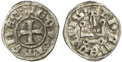KREUZFAHRERSTAATEN HERZOGTUM ATHEN Guillaume de la Roche, 1280-1287 . Billon denier tournois, Theben. +G DVX•LTЄNЄS• Befußtes Kreuz. Rv/ +ThЄBЄ CIVIS ’ Kastell. Malloy 87c. 0,84 g. Sehr schön