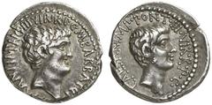 IMPERATOREN DER BÜRGERKRIEGSZEIT MARCUS ANTONIUS und OCTAVIANUS Mit M. Barbatus . Denar, 41, Feldmünzstätte des Marcus Antonius (Athen oder Ephesus). M ANT IMP AVG III VIR R P C M BARBAT Q P. Kopf des