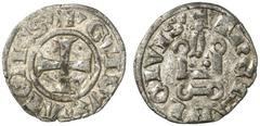 KREUZFAHRERSTAATEN HERZOGTUM ATHEN Guy II de la Roche, 1287-1308 . Billon denier tournois, Theben, nach 1294. XYGVI DVX ΛT'N'SY Befußtes Kreuz. Rv/ XYTh'BAHI CIVISY. Kastell. Malloy –. 0,77 g. Fast vo