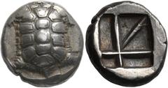 GRIECHISCHE MÜNZEN AIGINA. Stater, 456/45-331. Landschildkröte in Draufsicht. Rs: Großes Quadratum incusum mit schmalen Stegen in fünf ungleichmäßige Segmente unterteilt. ACGC 127; SNG Copenhagen 516;