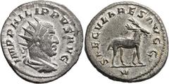 RÖMISCHE MÜNZEN RÖMISCHE KAISERZEIT. PHILIPPUS I ARABS, 244-249 . Antoninian, Rom, 248. IMP PHILIPPVS AVG. Drap. Panzerbüste mit Stkr. rechts. Rv/ SAECVLARES AVGG/V. Hirsch n. rechts schreitend. C 182