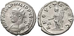 RÖMISCHE MÜNZEN RÖMISCHE KAISERZEIT. PHILIPPUS I ARABS, 244-249 . Antoninian, Antiochia, 247. IMP M IVL PHILIPPVS AVG. Panzerbüste mit Stkr. links. Rv/ AEQVITAS AVG. Aequitas mit Waage und Füllhorn n.