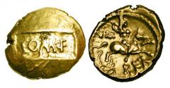 CELTIC BRITAIN,. Verica, 10-40 AD. Gold Stater (5.22 gm). COM F [meaning: son of Commius] on sunken tablet / Horseman with spear, VIR REX. vA.500. S.120. VF+. Rare.  [Est. $2000]