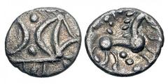 CELTIC BRITAIN, Iceni. Early Uninscribed Issues, Mid to Late I Century BC. AR Unit (0.52 gm). Double crescent emblem (of ECEN) / Celticized horse. S.436. V.752. Toned VF. [Est. $250]