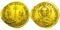 BYZANTINE EMPIRE. Basil II, 976-1025 AD. Gold Histamenon Nomisma (4.40 gm) of Constantinople. Bust of Christ facing / Basil and Constantine standing facing, holding long cross. S.1795. VF+. Scarce. [E