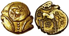 CELTIC BRITAIN, Iceni. I Century BC. Gold Stater (5.54 gm). Stylized flower / Celticized horse. star above, rosette below.. vA.626-9(ER). VF. Extremely Rare. [Est. $1500]