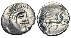 CELTIC BRITAIN, Iceni. Queen Boudicca, 61 AD. AR Unit (0.99 gm), Icenian class O. Celticized head / Celticized horse, pellet to left of lozenge below horse, three pellets at rear of horse above tail. 