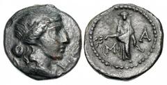 LYCIA, Masikytes. I Century BC. Æ22 (6.29 gm). Diademed head of Apollo right / Apollo Patroös standing facing, holding filleted branch and bow; M-A across field, branch to right. Troxell, Lycia.213. R
