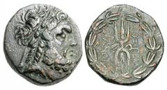 LYDIA, Tralles. II-I Century BC. Æ18 (5.69 gm). Laureate head of Zeus / Winged thunderbolt in wreath. SNG.Kayhan.1010. aXF, dark green patina. [Est. $250]