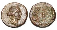 LYDIA, Sardis. II-I Century BC. Æ14 (3.55 gm). Laureate head of Apollo / Club in wreath. SNG.Cop.469v. (monogram 27). aXF. olive brown patina. Scarce. [Est. $150]