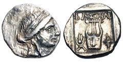 LYCIA, Lycian League, Phaselis. 167-81 BC. AR Hemidrachm (2.56 gm), Pseudo-League Coinage. Laureate head of Apollo / Lyre. Trox.47.25. Toned VF+, on reused planchet. Scarce.