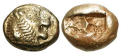 LYDIA. 650-561 BC. Electrum Third Stater (4.68 gm). Head of lion with wart on its nose / Two part incuse. Weidauer.86. Rosen.655. VF. Rare. Thought by the Ancients to be the first coin issued by manki