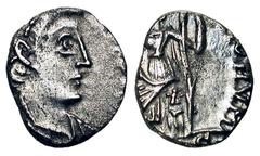 BRITAIN. Post-Roman period, V Century AD. AR Siliqua (0.54 gm). Diademed draped bust / Roma enthroned with Victory and sceptre. Toned VF. Cut down from IV Century siliqua. Time of King Arthur.