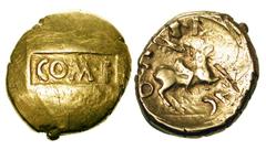 CELTIC BRITAIN, ATREBATES. Tincommius, Late I BC to early I AD. Gold Stater (5.36 gm). COM F [meaning: son of Commius] on sunken tablet / Horseman with javelin. S.76. vArd.385.3v. VF. Rare. [Est. $175