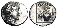 LYCIA, Lycian League, Phasselis. 167-81 BC. AR Drachm (3.66 gm). Laureate head of Apollo / Lyre with headdress of Isis and torch to sides all in shallow incuse square. Troxell 47.3. Toned aXF. [Est. $