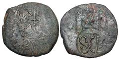 BYZANTINE EMPIRE. Heraclius, 610-641 AD. Æ Countermarked Follis (12.02 gm) of Syracuse. Crowned bust facing / Large SCL. S.882. Struck over follis of Justinian I VF+ (countermarks), green patina. [Est