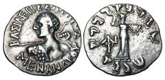 BAKTRIAN KINGDOM. Menander I Soter, 155-130 BC. AR Drachm (2.41 gm). Heroic bust with spear / Athena standing with thunderbolt and aegis. SNG.ANS.724. Toned aXF.