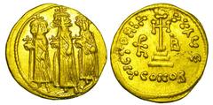 BYZANTINE EMPIRE. Heraklios, 610-641 AD. Gold Solidus (4.31 gm) of Constantinople, off. E. Emperor standing between both sons / Cross on steps. S.767. aXF.