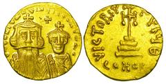BYZANTINE EMPIRE. Constans II, 641-668 AD. Gold Solidus (4.31 gm) of Constantinople, off G. Facing crowned busts of emperor & son / Cross. S.959. XF