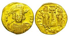 BYZANTINE EMPIRE. Constantine IV, 668-685 AD. Gold Solidus (4.23 gm) of Constantinople. Helmeted bust facing / Cross between Heraclius and Tiberius standing. S.1156. Near Mint, weak spot